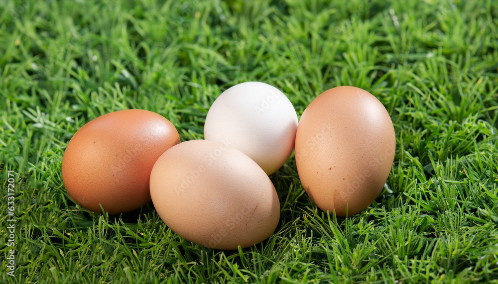 Group of three fresh eggs on grass. Easter symbol. Group of three fresh eggs on grass. Easter symbol.