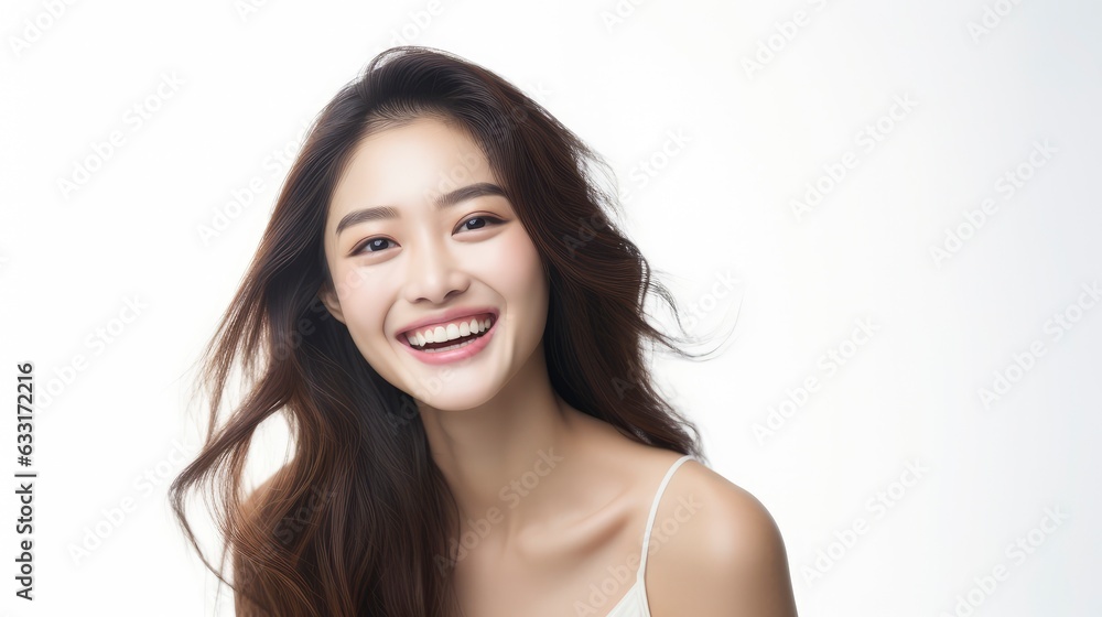 A closeup photo portrait of a beautiful young asian model woman laughing and smiling with clean teeth. used for a dental ad. isolated on white background, A closeup photo portrait of a beautiful young asian model woman laughing and smiling with clean teeth. used for a dental ad. isolated on white background,