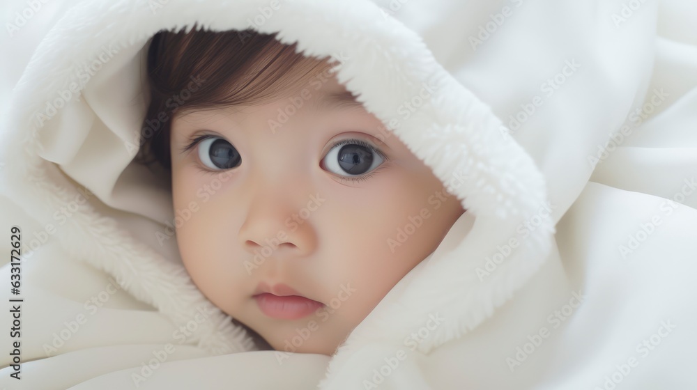 
A very cute little asian baby kid wrapped in soft white blanket and hood on a bed. image perfect for ads. big beautiful eyes and tiny nose,
