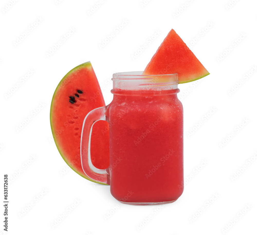 Mason jar of delicious watermelon drink and cut fresh fruit isolated on white Mason jar of delicious watermelon drink and cut fresh fruit isolated on white