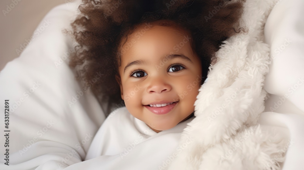 A very cute little black african baby kid with afro hair wrapped in soft white blanket on a bed smiling. image perfect for ads. big beautiful eyes and tiny nose,
A very cute little black african baby kid with afro hair wrapped in soft white blanket on a bed smiling. image perfect for ads. big beautiful eyes and tiny nose,