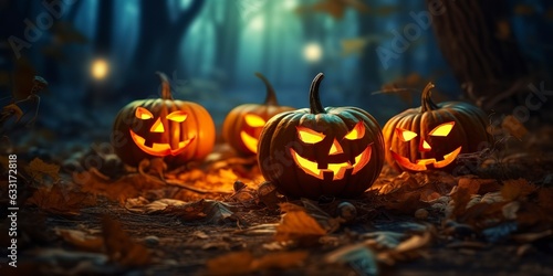 Create an eerie Halloween ambiance with illuminated pumpkins in a spooky forest. AI Generated.