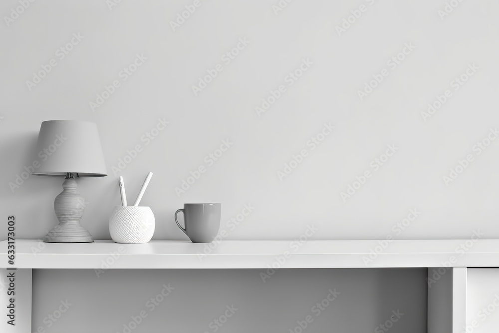 Simple desk with minimal utensils, against the white wall. minimalist. AI generated.