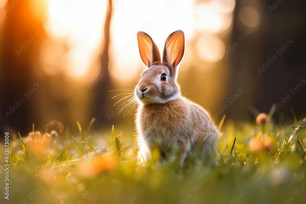 A rabbit in the field, still and sitting, pretty.