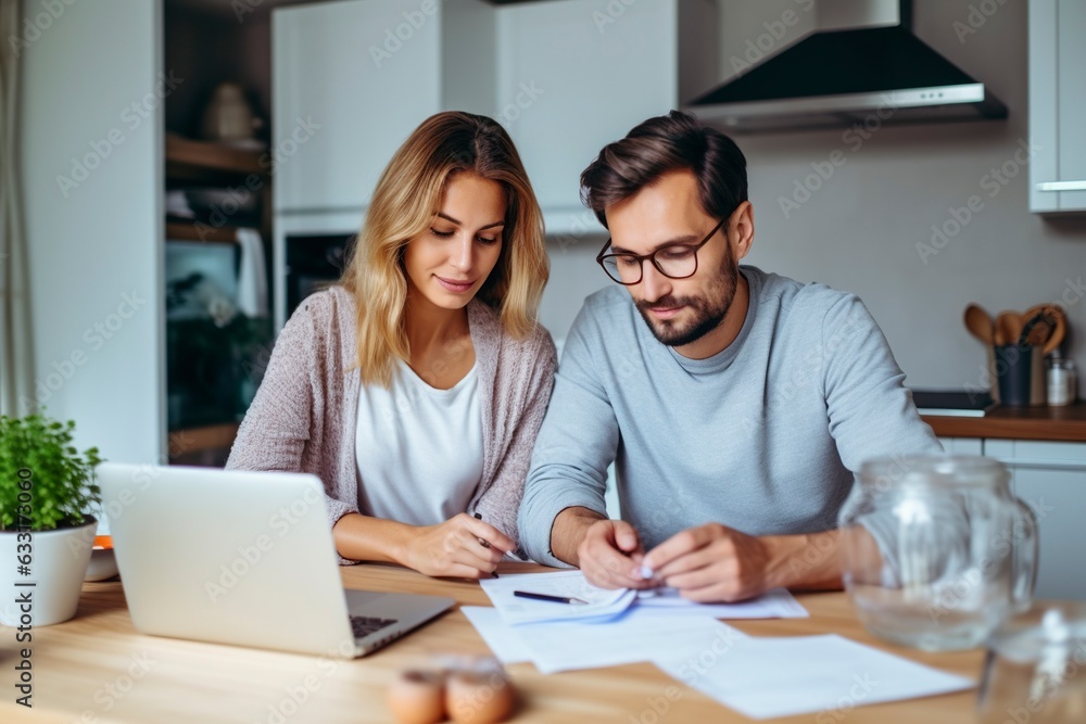 A couple reviews important paperwork at home. A couple reviews important paperwork at home.