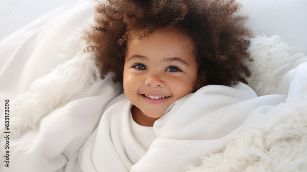 A very cute little black african baby kid with afro hair wrapped in soft white blanket on a bed smiling. image perfect for ads. big beautiful eyes and tiny nose,
A very cute little black african baby kid with afro hair wrapped in soft white blanket on a bed smiling. image perfect for ads. big beautiful eyes and tiny nose,