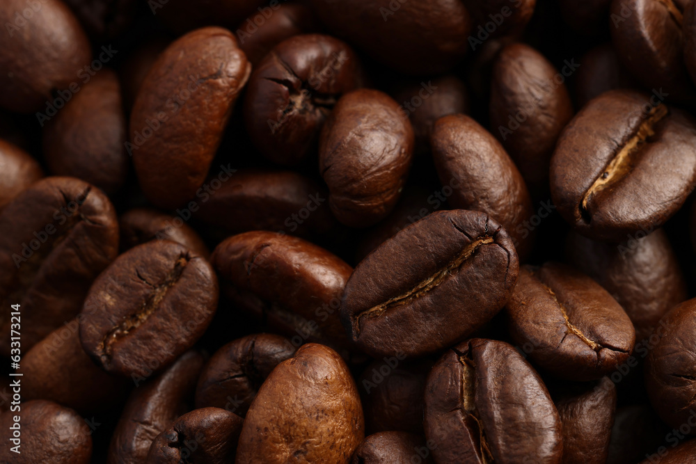 Fototapeta premium Aromatic roasted coffee beans as background, closeup