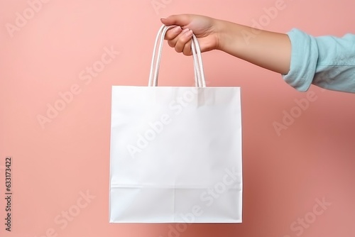 Woman's hand holds a blank white paper bag.