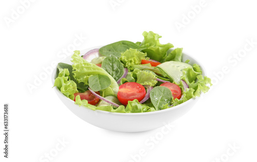 Delicious salad with lettuce, tomatoes and spinach isolated on white