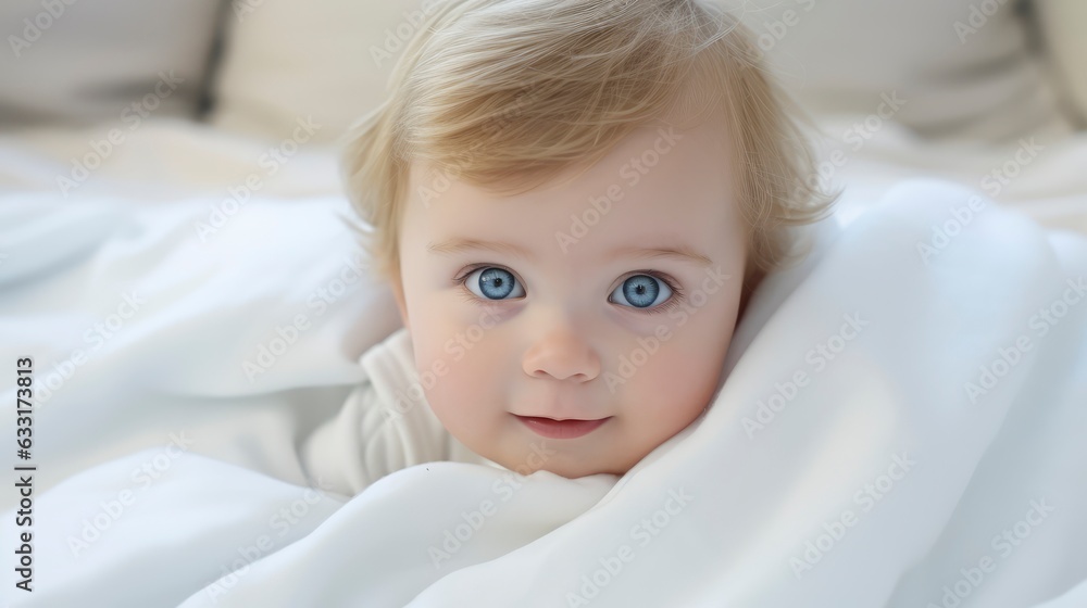 A very cute little white caucasian baby kid wrapped in soft white blanket on a bed. image perfect for ads. big blue eyes and tiny nose,
A very cute little white caucasian baby kid wrapped in soft white blanket on a bed. image perfect for ads. big blue eyes and tiny nose,