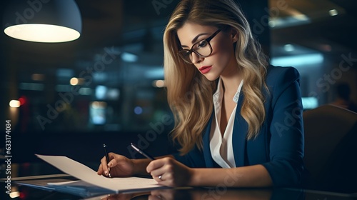 Mulher loira de óculos, empresária com seus documentos.