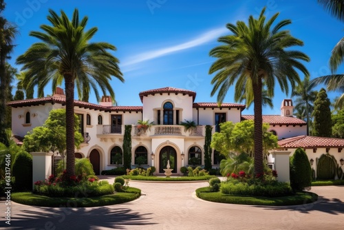 Gorgeous mansion designed in the elegant Spanish style, boasting luxury features, set amidst a lush residential estate. The property is secured with a privacy gate and surrounded by majestic palm © 2rogan