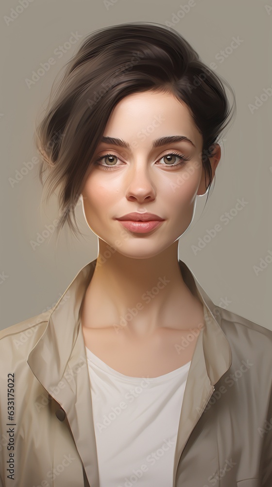 Woman with clear facial features. She has dark hair that is neatly combed back with strands that frame her face neatly. Her eyebrows are well shaped and look natural. Her eyes have a warm look an Woman with clear facial features. She has dark hair that is neatly combed back with strands that frame her face neatly. Her eyebrows are well shaped and look natural. Her eyes have a warm look an