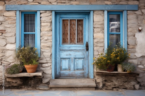 A front door made of wood, encompassed by windows, featuring sidings in shades of white, blue, and stone.