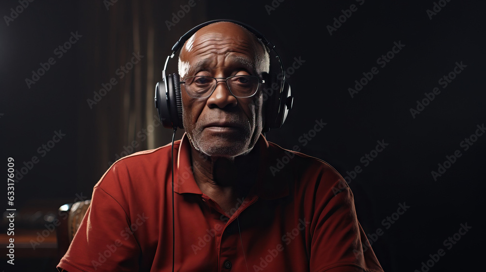 Older Senior African American Man Wearing Headphones. Listening to Music. Sad Sorrow on Face. Sad Song. Concept of Remembering.