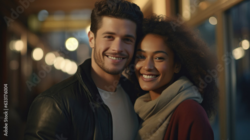 Mix-Race Lovely Couple Hug Each Other. Happy Interracial Couple on the Streets at Night Posing Happily. Concept of Boyfriend, Girlfriend, Black, White, and Love. © Lila Patel
