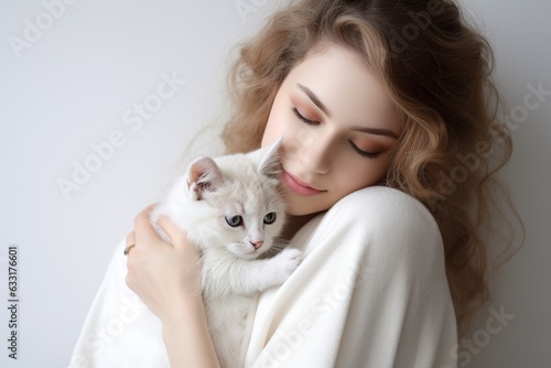 Shy woman holding a kitten AI Generated