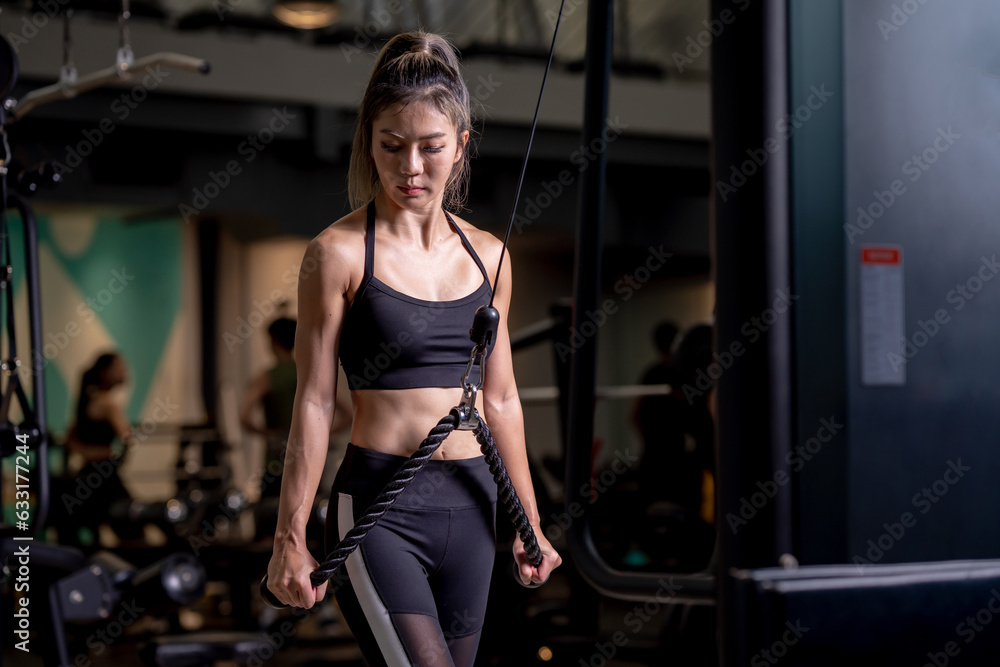 Portrait of a young Asian woman, good looking, shapely, in a black dress. She's working exercise fitness out in a world-class gym, work hard.
