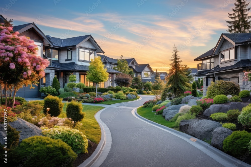 An ideal suburban community during the summer in North America with exquisitely designed luxury houses adorned with beautiful landscapes.