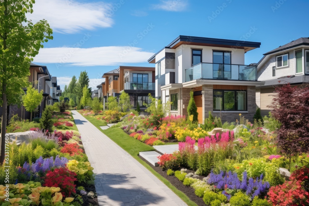 Gorgeous, recently built modern suburban homes adorned with vibrant summer gardens can be found in a residential area of Canada.