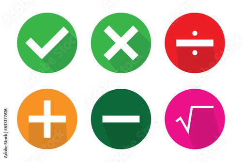 Set of flat square check mark, X mark, divided sign, root sign, plus sign and minus sign icons isolated on a white background..
