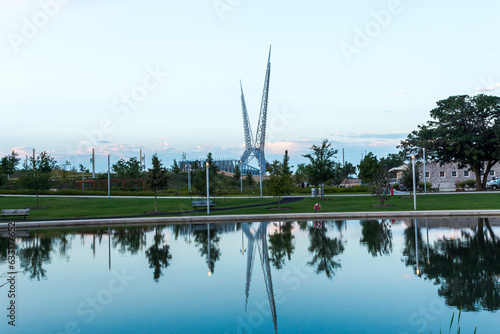 Reflection of the Skydance bridge in Oklahoma City in the lake of the city park photo