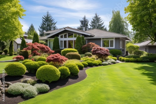 The front yard showcases a contemporary landscape design featuring vibrant shrubs of various hues intersecting with lush, vibrant lawns that extend behind the house. This modern, garden maintenance