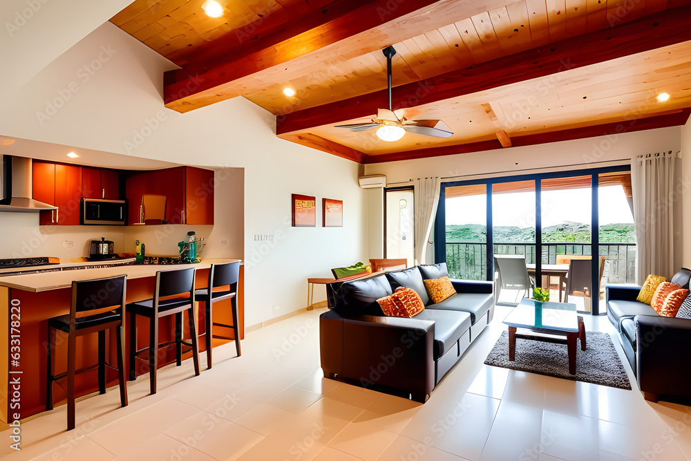 Stylish spacious kitchen and living room with cozy dining area with wooden ceiling next to open balcony on sunny day Stylish spacious kitchen and living room with cozy dining area with wooden ceiling next to open balcony on sunny day