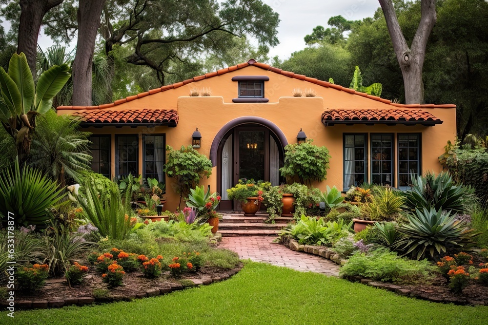 A classic Southwest style house made of stucco, located in a picturesque rural neighborhood, surrounded by lush, tropical foliage. A classic Southwest style house made of stucco, located in a picturesque rural neighborhood, surrounded by lush, tropical foliage.
