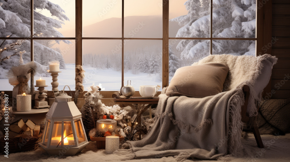 Cozy Winter Scene with fireplace and hot cocoa and winter related things
