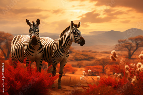 Zebras with nature background style with autum