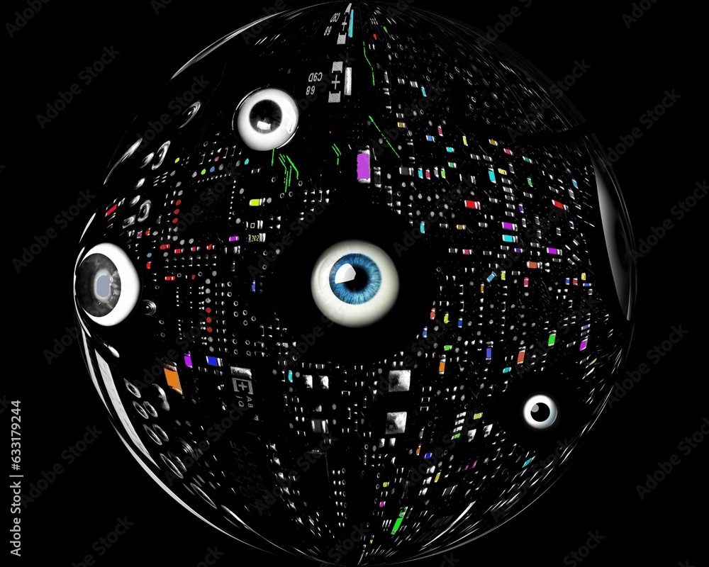 Obraz premium A hybrid photograph reconstructed to represent am artificial intelligence cyborg, revealing its circuitry and ability to know and see all, set against a black background.