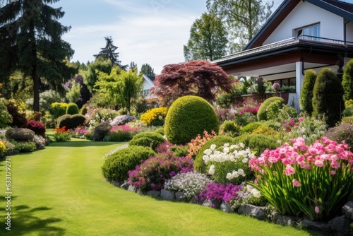 Home garden with flower beds, featuring attractive landscaping in the backyard of a residential house. Enjoy a picturesque view of a well designed garden adorned with blooms and foliage, offering a © 2rogan