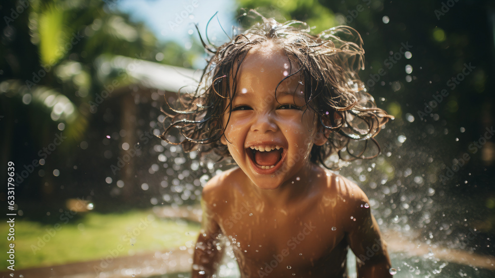 Sprinkler Delight: Uplifting Playtime with a Little Boy in Backyard