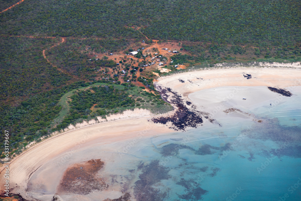 Aerial view of the coastline and campground around Pender Bay, Dampier Peninsula, Cape Leveque, Kimberley region of Western Australia 