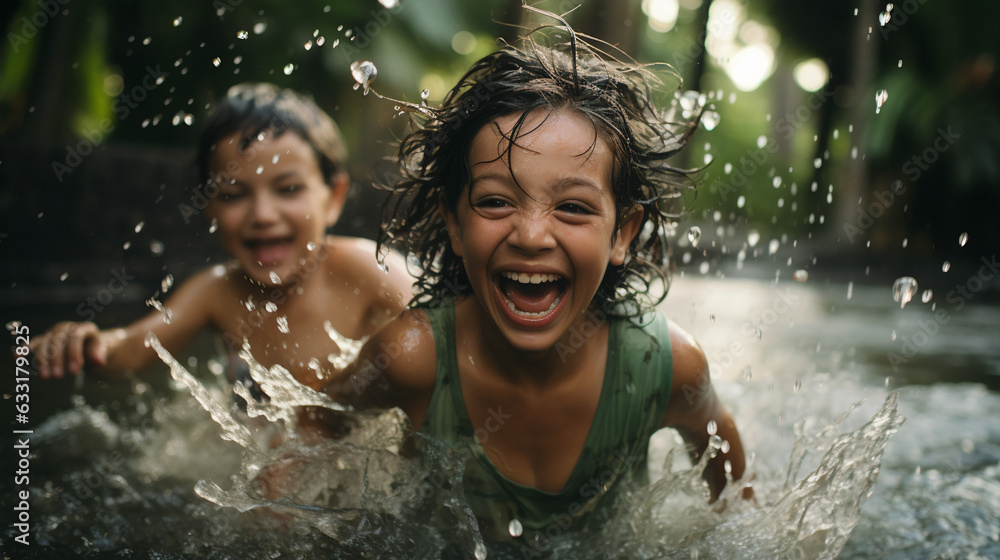 Obraz premium Sprinkler Delight: Uplifting Playtime with a Little Boy in Backyard