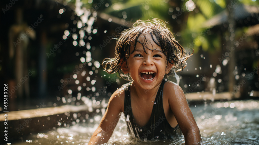 Obraz premium Sprinkler Delight: Uplifting Playtime with a Little Boy in Backyard