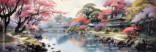a watercolor painting of a tranquil Japanese garden, generative AI