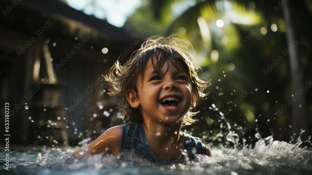 Fototapeta premium Sprinkler Delight: Uplifting Playtime with a Little Boy in Backyard