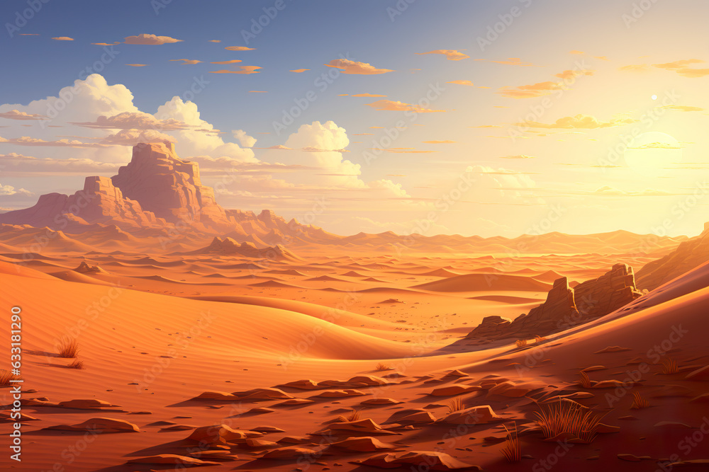 Abstract 2D sunset sand dune background environment for adventure or battle mobile game. Cartoon style of small desert sand dunes in game art background environment.