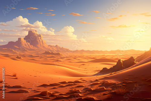 Abstract 2D sunset sand dune background environment for adventure or battle mobile game. Cartoon style of small desert sand dunes in game art background environment.
