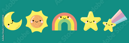 Set of cute Kawaii sky Objects. The set contains six cute objects such as falling star, rainbow, star, moon, and sun. Cute illustration for kids, baby book, fairy tales, covers, baby shower invitation