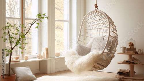 a beautiful room with a cocoon swing photo