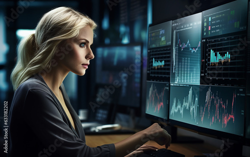 The female analyst is analyzing the financial big data displayed on the LCD screen, responsible for the investment strategy division of a startup project.