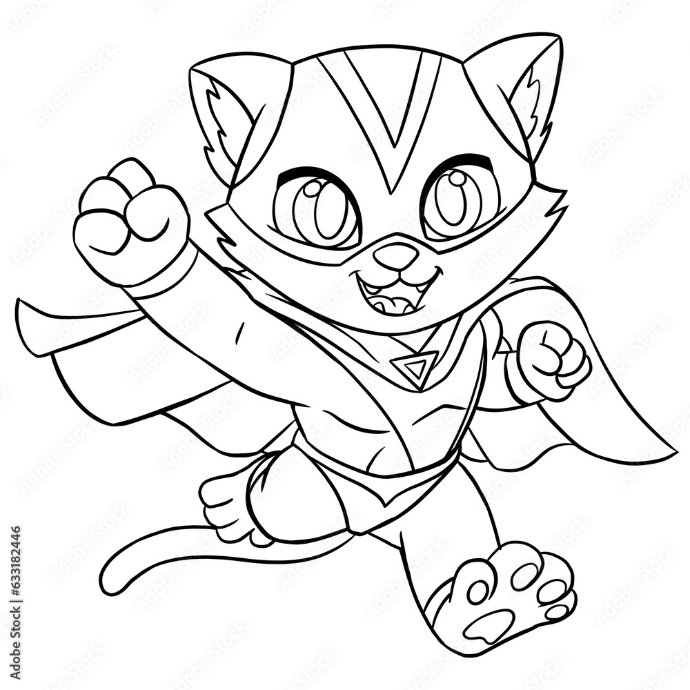 Cat superhero character coloring page for children and adults. Hand ...