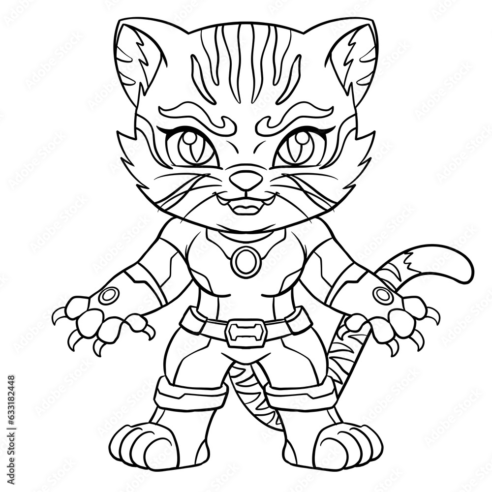 Cat superhero character coloring page for children and adults. Hand ...