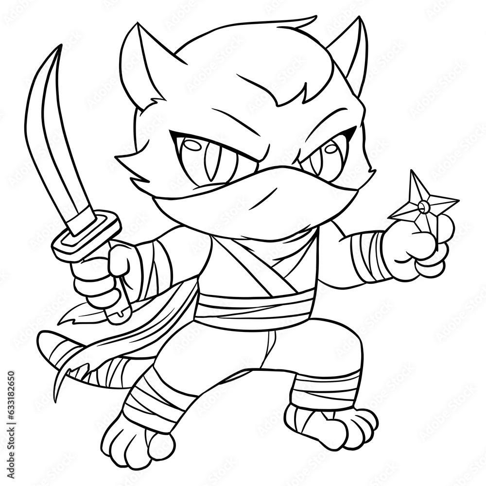 Cat ninja character coloring page for children and adults. Hand drawing