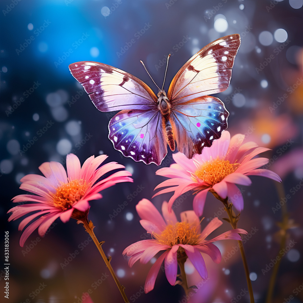 A simple summer visualization of a butterfly with its wings spread, flying over colorful flowers. There's a bokeh effect in the background, with a blue gradient serving as the backdrop.