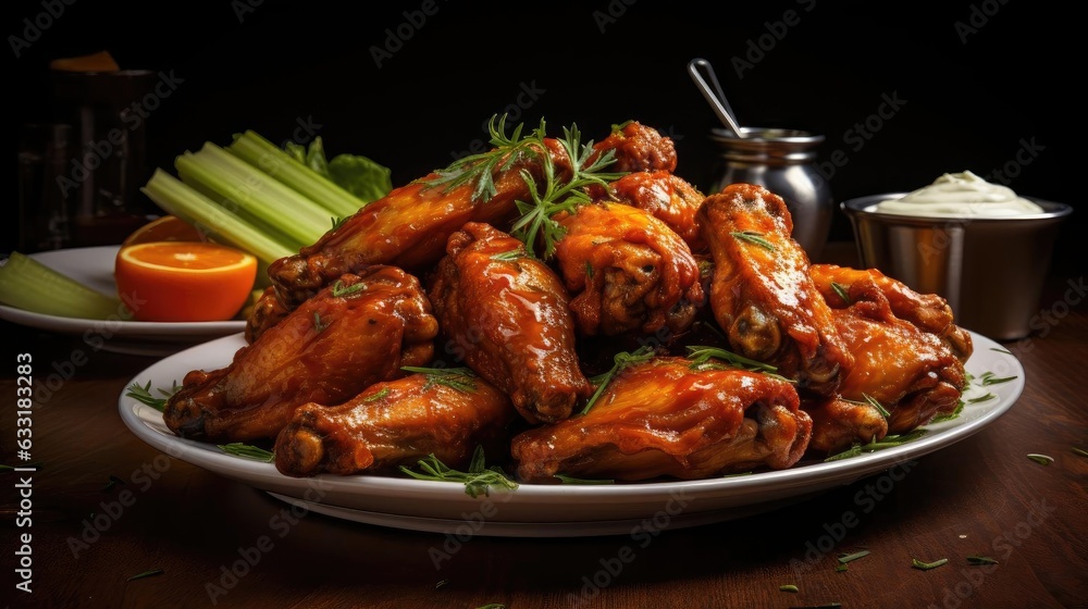 Buffalo wings with melted hot sauce on a wooden table with a blurred background Buffalo wings with melted hot sauce on a wooden table with a blurred background
