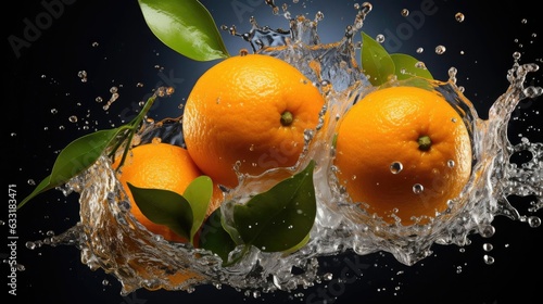 flying mandarin oranges hit by splashes of water on black background and blur